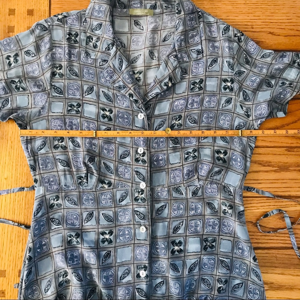Territory Ahead Maxi dress Silk Shades of blue, grey & black Button SS Tie NWOT